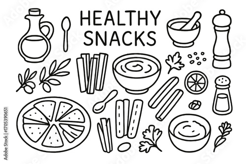 Healthy Snack Doodles. Hand-drawn doodle illustration Healthy snacks with hummus pita bread, carrot sticks, cucumber slices,