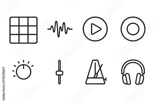 Drum Sample Icon Set. Outline icon set of drum sample elements: drum pad, waveform, play button, record button, volume knob,