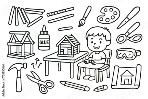 Crafting Doodle_ Mini House. Hand-drawn doodle illustration Mini house building with popsicle sticks popsicle sticks, glue bottle,