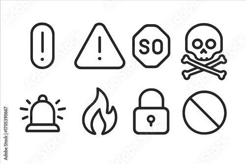 Safety Warning Icons. Outline icon set of intimidation warnings: exclamation mark, warning triangle, stop sign, skull and