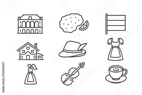 Austrian Culture Icons. Outline icon set of Austrian culture: Vienna opera house, schnitzel, alpine hat, Austrian flag, mountain