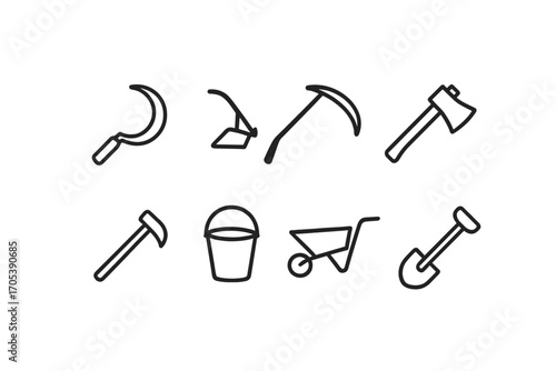 Rural Tool Icons. Outline icon set of rural tools: sickle, plow, scythe, axe, hoe, bucket, wheelbarrow, shovel. [Line icons in