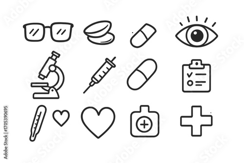 Vision Correction Doodles. Hand-drawn doodle illustration lens vision correction glasses, contact lens, lens, eye, pupil, iris,