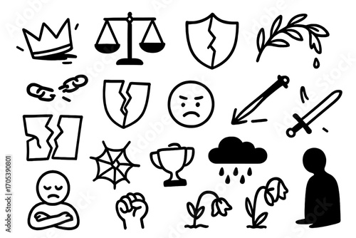Symbols of Defeat. Hand-drawn doodle illustration indignity fallen crown, broken scales, cracked shield, wilted laurel, broken