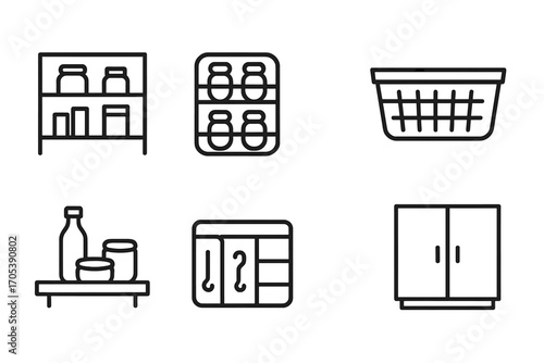 Kitchen Storage Icons. Outline icon set of kitchen storage solutions: pantry shelf, spice rack, food storage bin, basket,