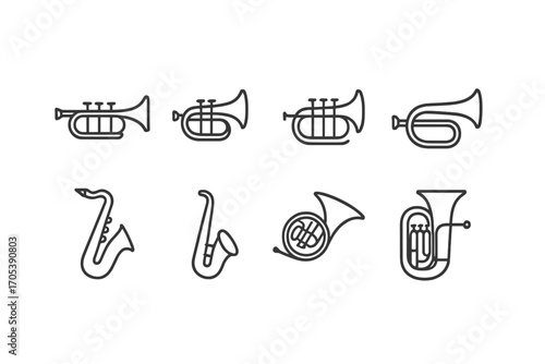 Brass Instruments Icons. Outline icon set of trumpet and related instruments: trumpet, cornet, flugelhorn, bugle, saxophone,