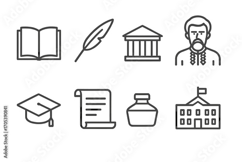 Baltic Educational Icons. Outline icon set of Belarusian education and literature: book, quill pen, library, Belarusian poet,