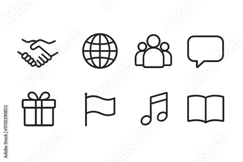 Cultural Exchange Icons. Outline icon set of cultural exchange: handshake, globe, group of people, speech bubble, gift box, flag,