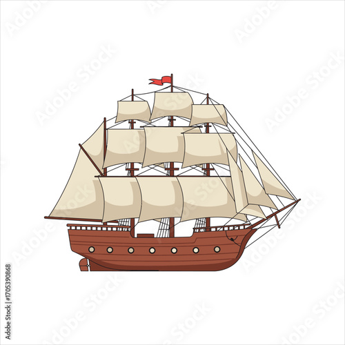 Detailed Illustration of a Classic Wooden Sailing Ship.