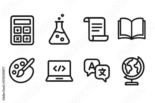 Study Subjects Icons. Outline icon set of study subjects: math, science, history, literature, art, computer science, languages,