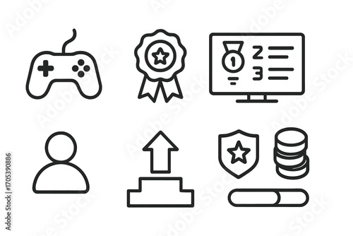 Gaming Icon Set. Outline icon set of gaming leaderboard: game controller, high score, avatar, leaderboard screen, coins, level up,