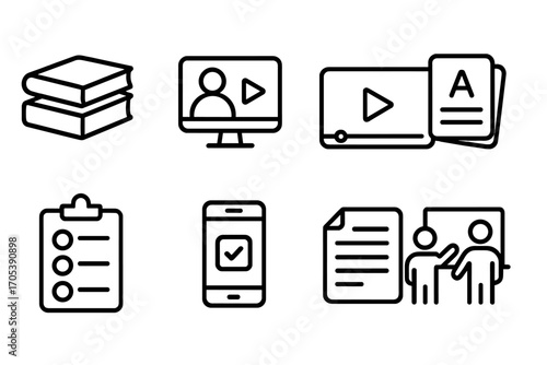 Study Resource Icons. Outline icon set of study resources: textbooks, online courses, videos, flashcards, quizzes, study apps,