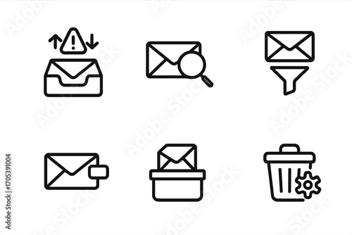 Email and Social Icons. Outline icon set of email alert management: inbox sorting, email search, spam report, email filter, email