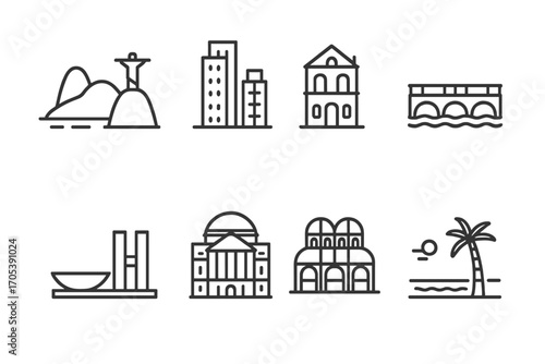 Brazil & Argentina Icons. Outline icon set of Brazilian cities and culture hubs: Rio de Janeiro skyline, Sao Paulo skyscraper,