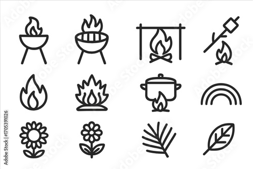 Outline Icon Grids. Outline icon set of cooking with fire: grill flame, barbecue, cooking fire, campfire cooking, open flame,