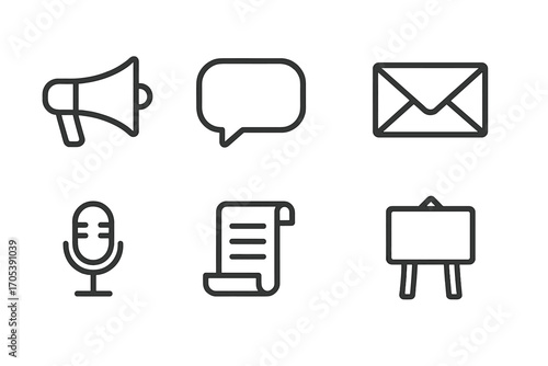 Decree Icon Set. Outline icon set of decree communication: megaphone, speech bubble, newspaper, envelope, microphone, scroll, flag