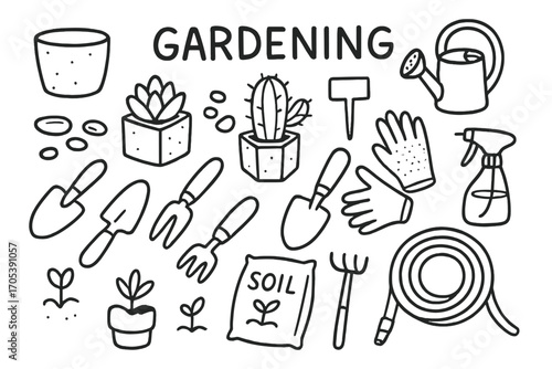 Gardening Tools Doodle. Hand-drawn doodle illustration Gardening with concrete planters concrete pot, succulent, cactus, trowel,