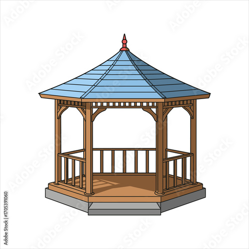 Detailed Illustration of a Wooden Octagonal Gazebo with Blue Roof.