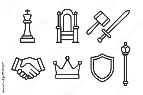 Elite Power Icons. Outline icon set of elite power: chess king, throne, handshake, gavel, sword, shield, crown, scepter. Line