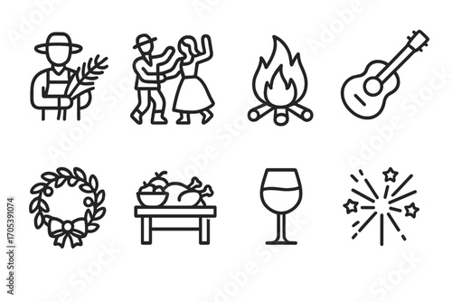 Peasant Festival Icons. Outline icon set of peasant celebrations: harvest festival, dancing couple, bonfire, musical instrument,
