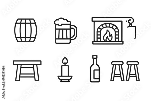 Tavern Icon Set. Outline icon set of tavern: wooden barrel, tankard, fireplace, tavern sign, wooden table, candle, ale bottle,
