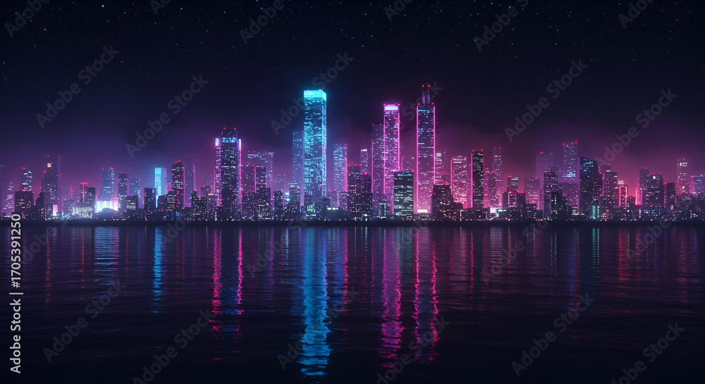 Fototapeta premium Futuristic holographic city skyline reflected on glassy water, digital night scene