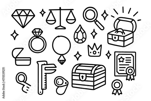 Jewelry Icon Doodle. Hand-drawn doodle illustration carat diamond, scale, magnifying glass, gemstone, jewelry box, ring, necklace,