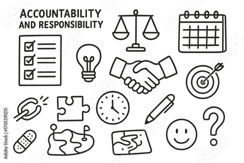 Accountability Icons Doodle. Hand-drawn doodle illustration Accountability and responsibility checklist, scales, handshake,