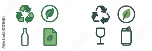 Recycling symbols and eco-friendly icons for bottle, paper, and can