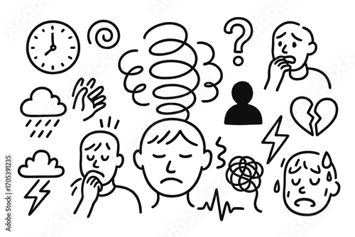 Restless Mind Doodles. Hand-drawn doodle illustration restless mind swirling lines, frowning face, spirals, clock, biting nails,