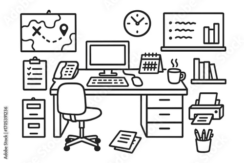 Office Desk Doodles. Hand-drawn doodle illustration base of operations office desk, computer, telephone, map, clipboard, calendar,