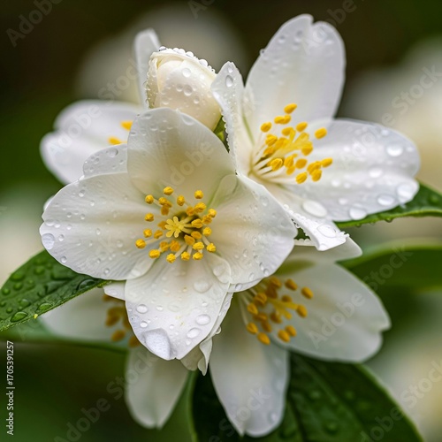 White Jasmine Flowers with Raindrops.