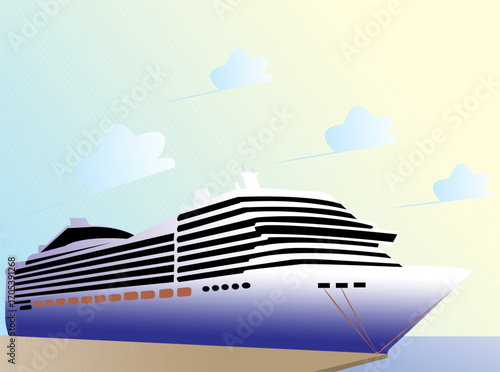 Vector illustration of a luxury cruise ship docked near the shore with blue sky and clouds in the background