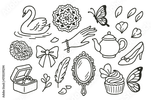 Graceful Elegance Doodle. Hand-drawn doodle illustration graceful elegance swan, lace pattern, delicate hand, pearl bracelet,