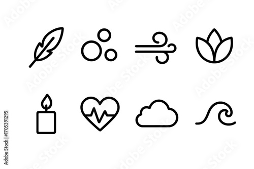 Calming Symbol Icons. Outline icon set of calming breath symbols: feather, bubble, wind swirl, lotus, candle flame, heart beat