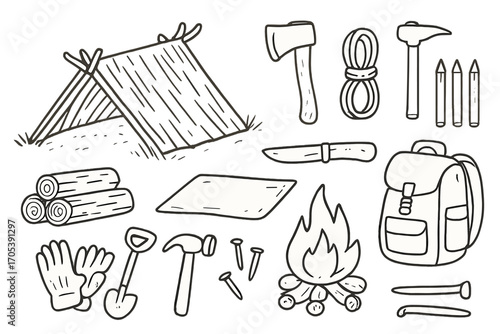 Survival Shelter Icons. Hand-drawn doodle illustration survival shelter building tent, axe, rope, hammer, wood logs, knife, tarp,