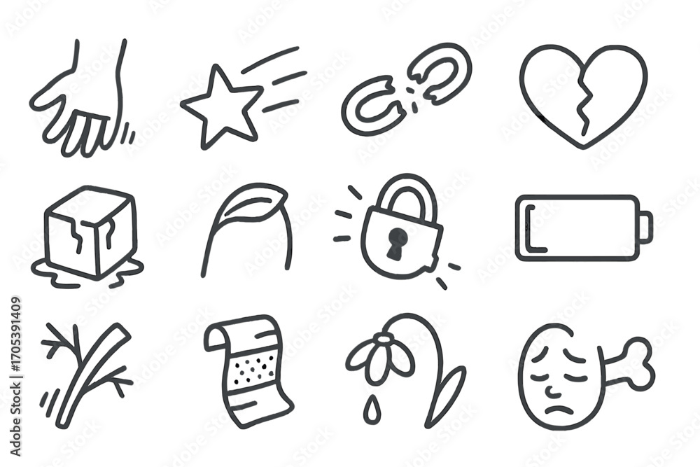 Fototapeta premium Symbols of Fragility. Hand-drawn doodle illustration losing grip slipping hand, falling star, broken chain, cracked heart, melting