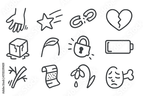 Symbols of Fragility. Hand-drawn doodle illustration losing grip slipping hand, falling star, broken chain, cracked heart, melting