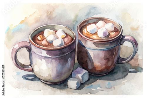 Watercolor hot cocoa mugs with marshmallows 