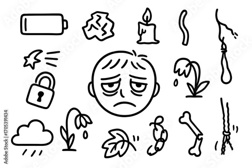 Doodle Tiredness vs. Anxiety. Hand-drawn doodle illustration fatigue and weakness tired face, drooping eyelids, empty battery,