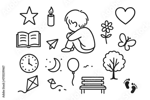 Child's Dreamscape Symbols. Hand-drawn doodle illustration loneliness and hope solitary child, star, candle, heart, open book,