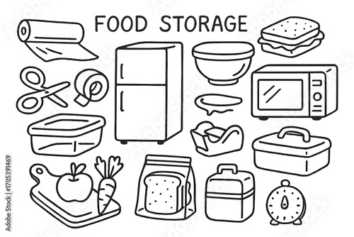 Kitchen Storage Doodles. Hand-drawn doodle illustration Food storage with plastic wrap roll of plastic wrap, sandwich, bowl with