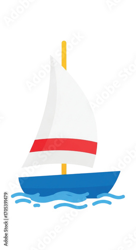 A simple cartoon sailboat on blue water.