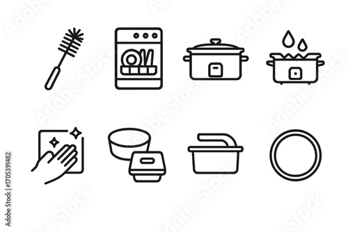Slow Cooker Icons. Outline icon set of slow cooker maintenance: cleaning brush, dishwasher safe, storage lid, descaling, wiping
