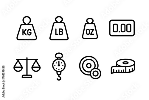 Weighing Tools Icons. Outline icon set of weighing tools and units: kilogram weight, pound weight, ounce weight, digital readout,