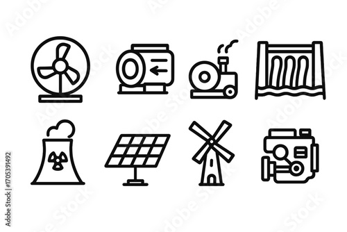 Power Generation Icons. Outline icon set of power generation: turbine, generator, steam engine, hydro dam, nuclear reactor, solar