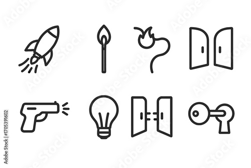 Launch Icon Set. Outline icon set of launch and initiation: rocket, ignition, fuse, switch on, gate opening, starter pistol, light