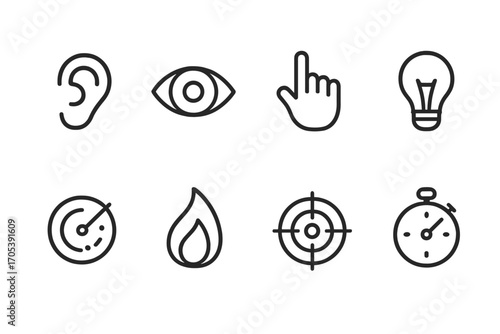 Sensory Icons Grid. Outline icon set of sensory focus: ear, eye, hand pointing, light bulb, radar, flame, target, stopwatch. [Line