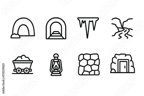 Secret Door Icons. Outline icon set of secret door exploration: flashlight, map, compass, rope, lantern, crowbar, binoculars,