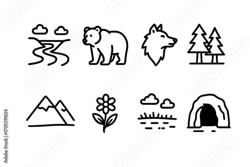 Bosnian and Greek Icons. Outline icon set of Bosnian nature and wildlife: Drina river, brown bear, wolf, forests, mountains,